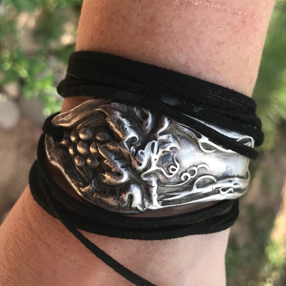 Antique Silver Yoga Cuff Tie Wrap Bracelet Rustic Victorian Floral Suede